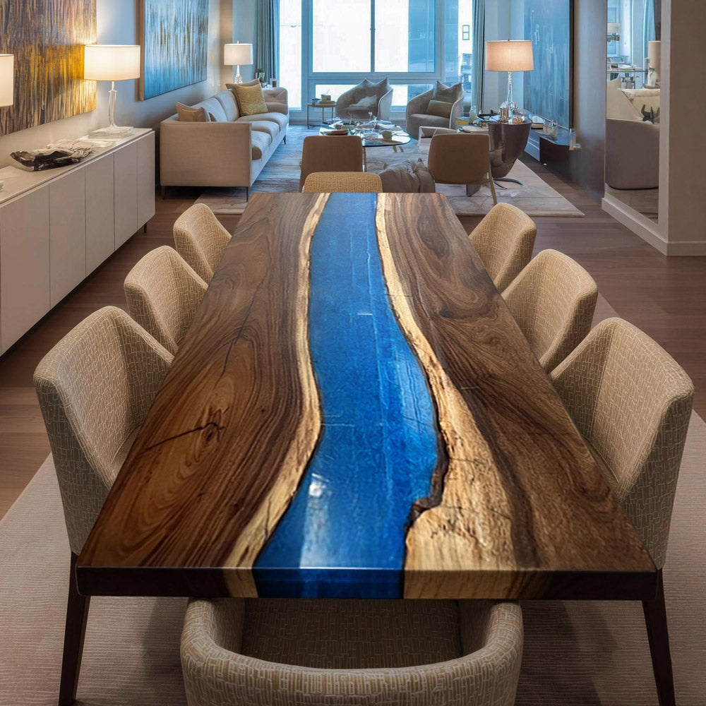 KAZANAHOME Walnut Blue River Epoxy Table 48"W×96"L