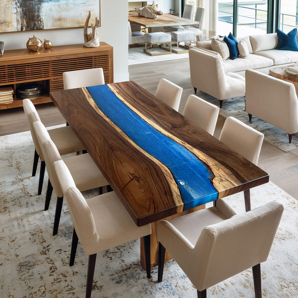 KAZANAHOME Walnut Blue River Epoxy Table 48"W×96"L