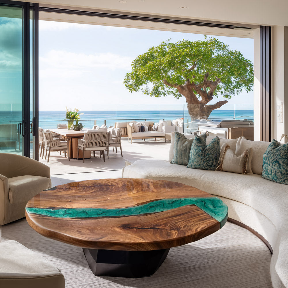 KAZANAHOME Walnut & Emerald Green Oval Epoxy Table 42"W×72"L
