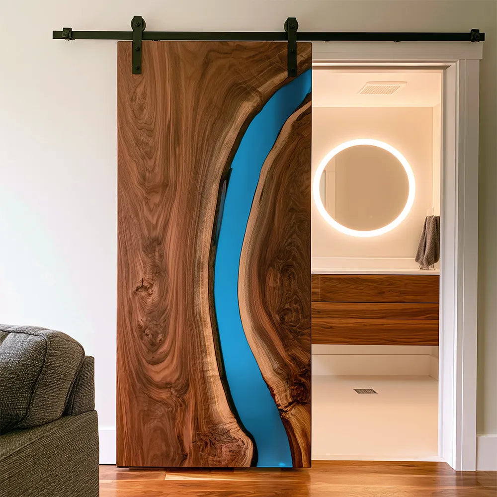 Walnut Blue River Epoxy Resin Single Entrance Barn Door | EBD09