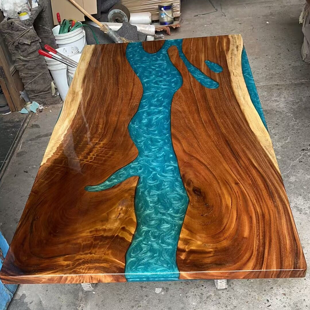 Custom Walnut Peacock Blue Epoxy Table for Keith