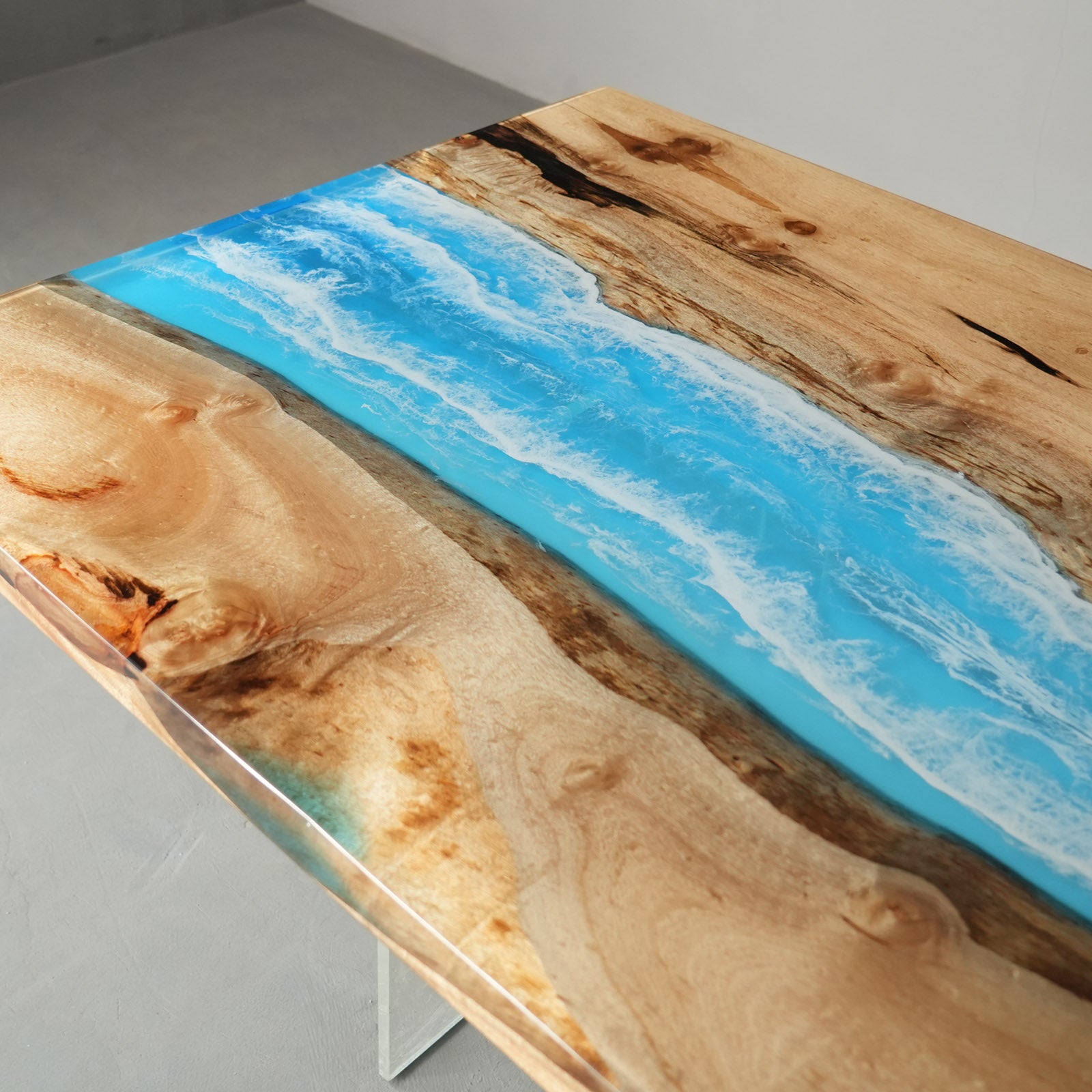 KAZANAHOME Golden Camphor Blue Wave River Epoxy Table 42"W×96"L