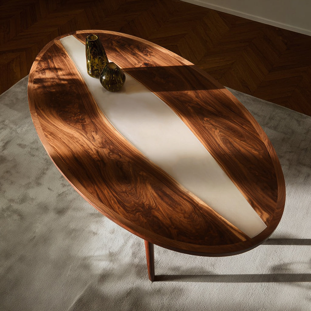 Custom Black Walnut Milk White Oval Edge Resin Epoxy Table CT135
