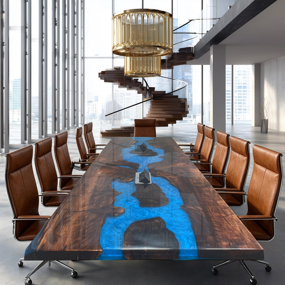 KAZANAHOME Black Walnut Blue River Conference Epoxy Table with Two Power Outlets 36"W×120"L