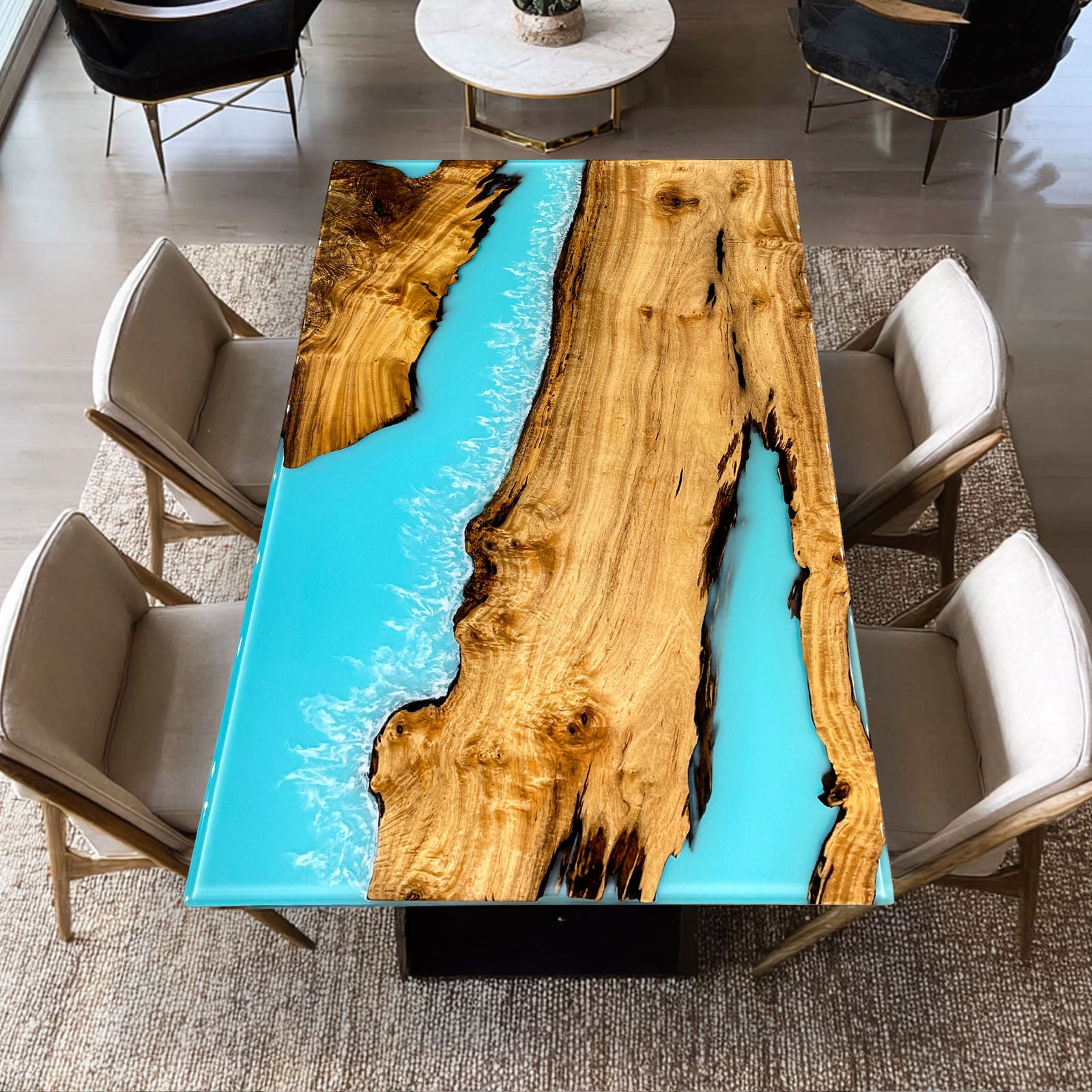 KAZANAHOME Golden Camphor Wood Coastal Wave Epoxy Table 47"W×80"L
