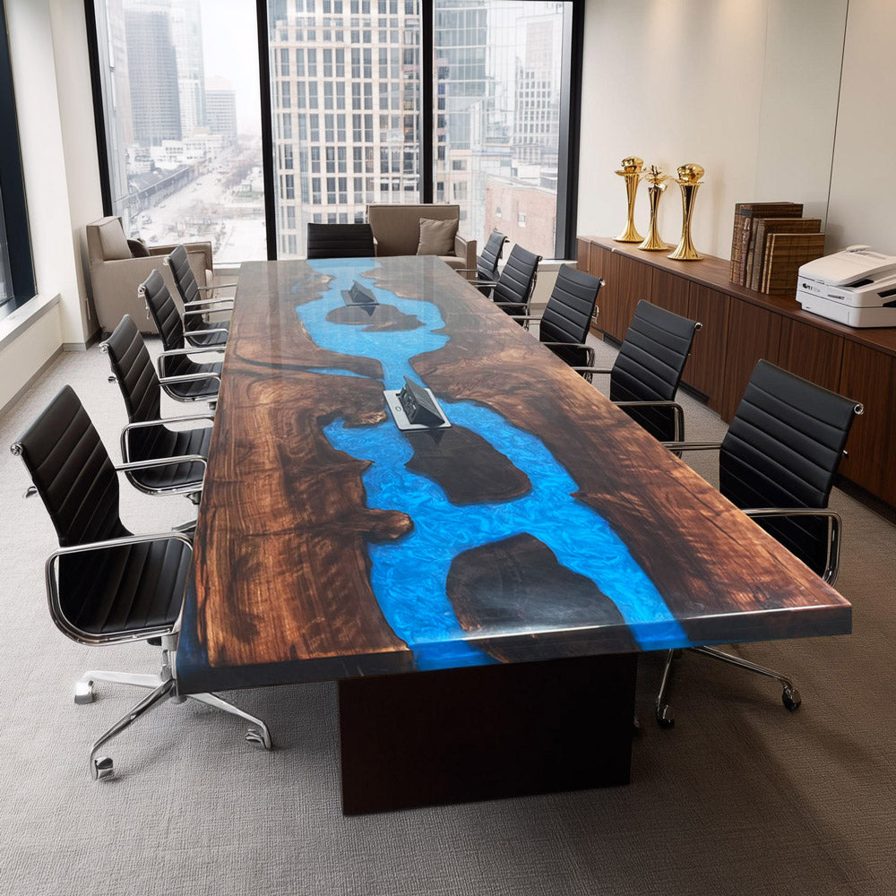 KAZANAHOME Black Walnut Blue River Conference Epoxy Table with Two Power Outlets 36"W×120"L