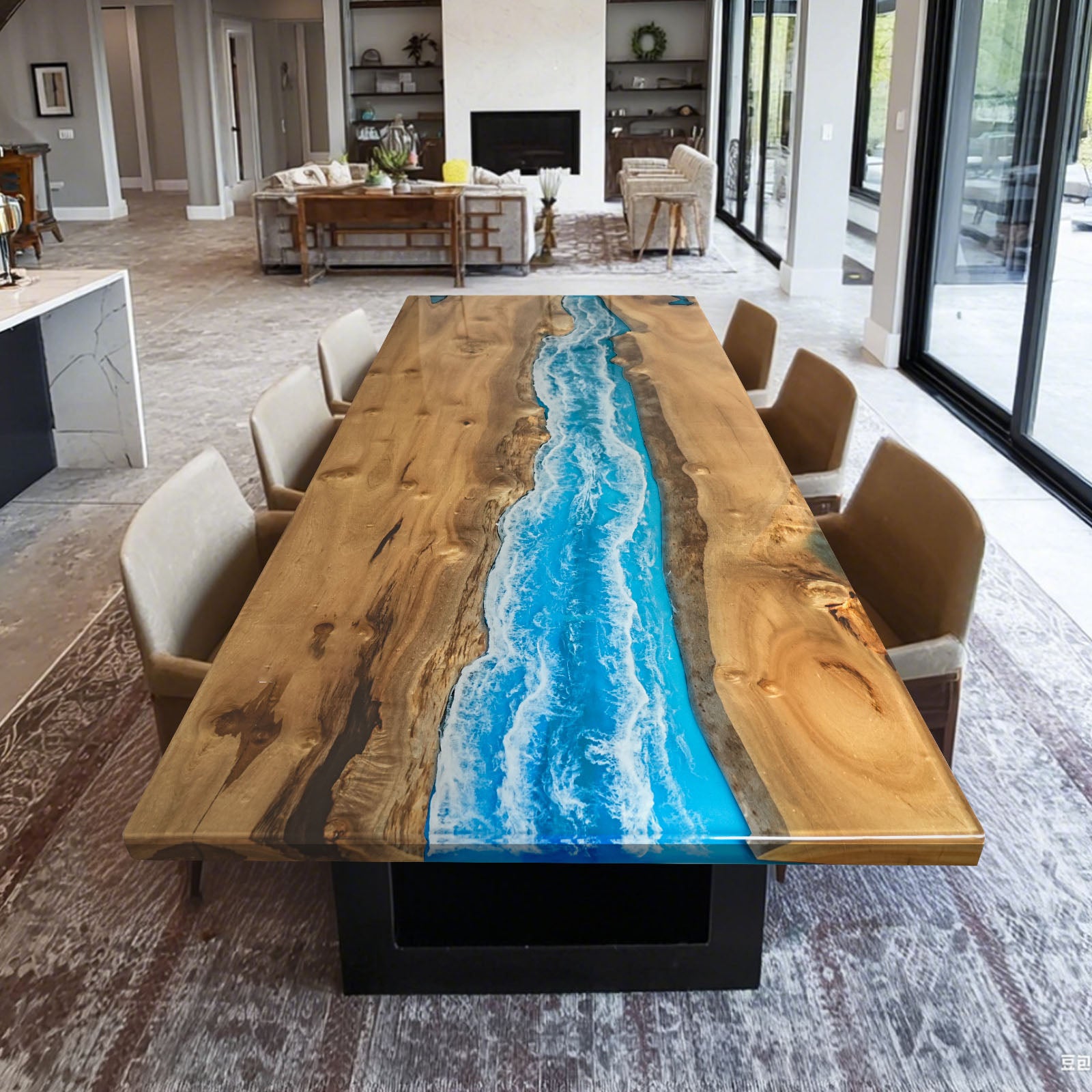 KAZANAHOME Golden Camphor Blue Wave River Epoxy Table 42"W×96"L