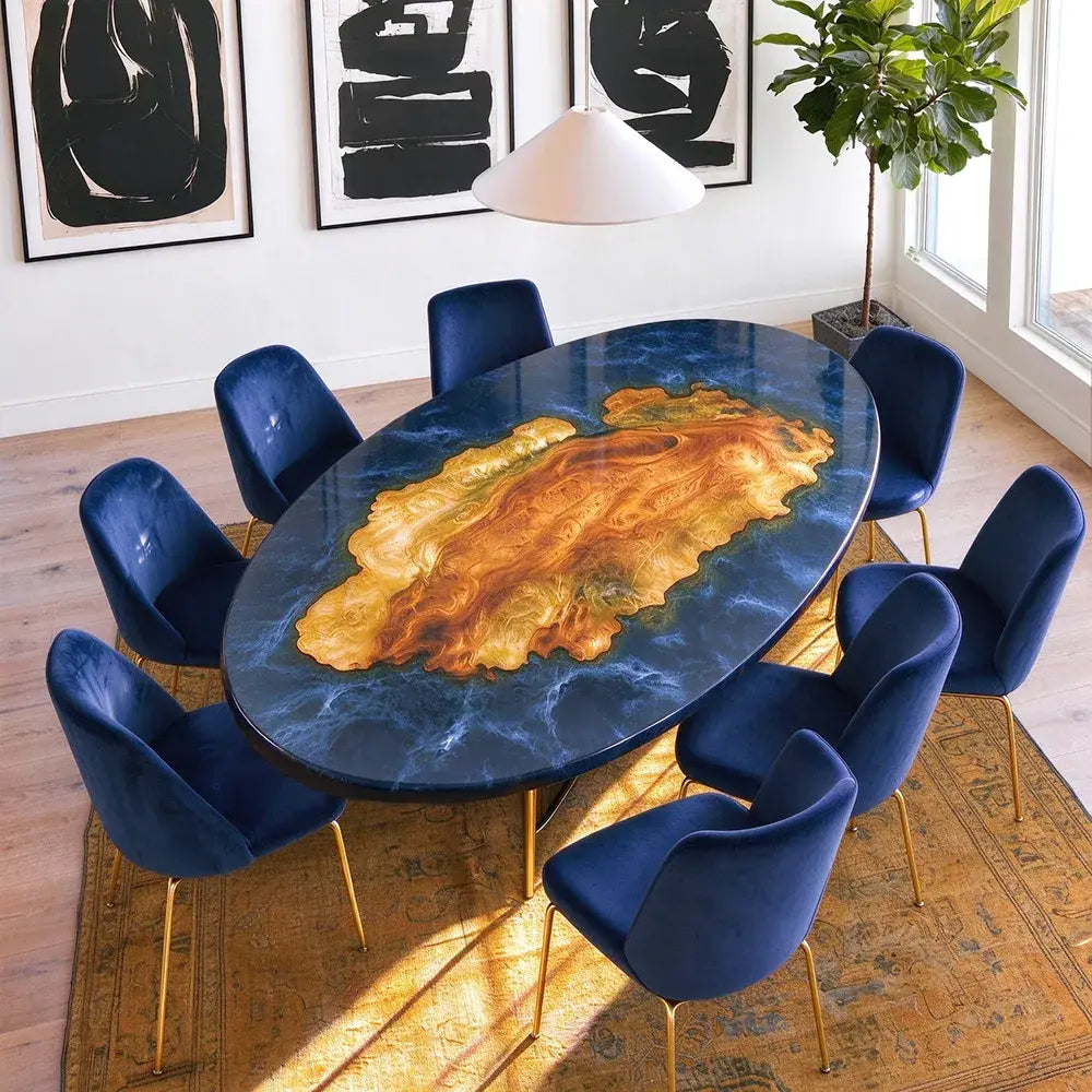 KAZANA Custom Oval Poplar Wood Sea Blue Wave Epoxy Resin Table | KCT188