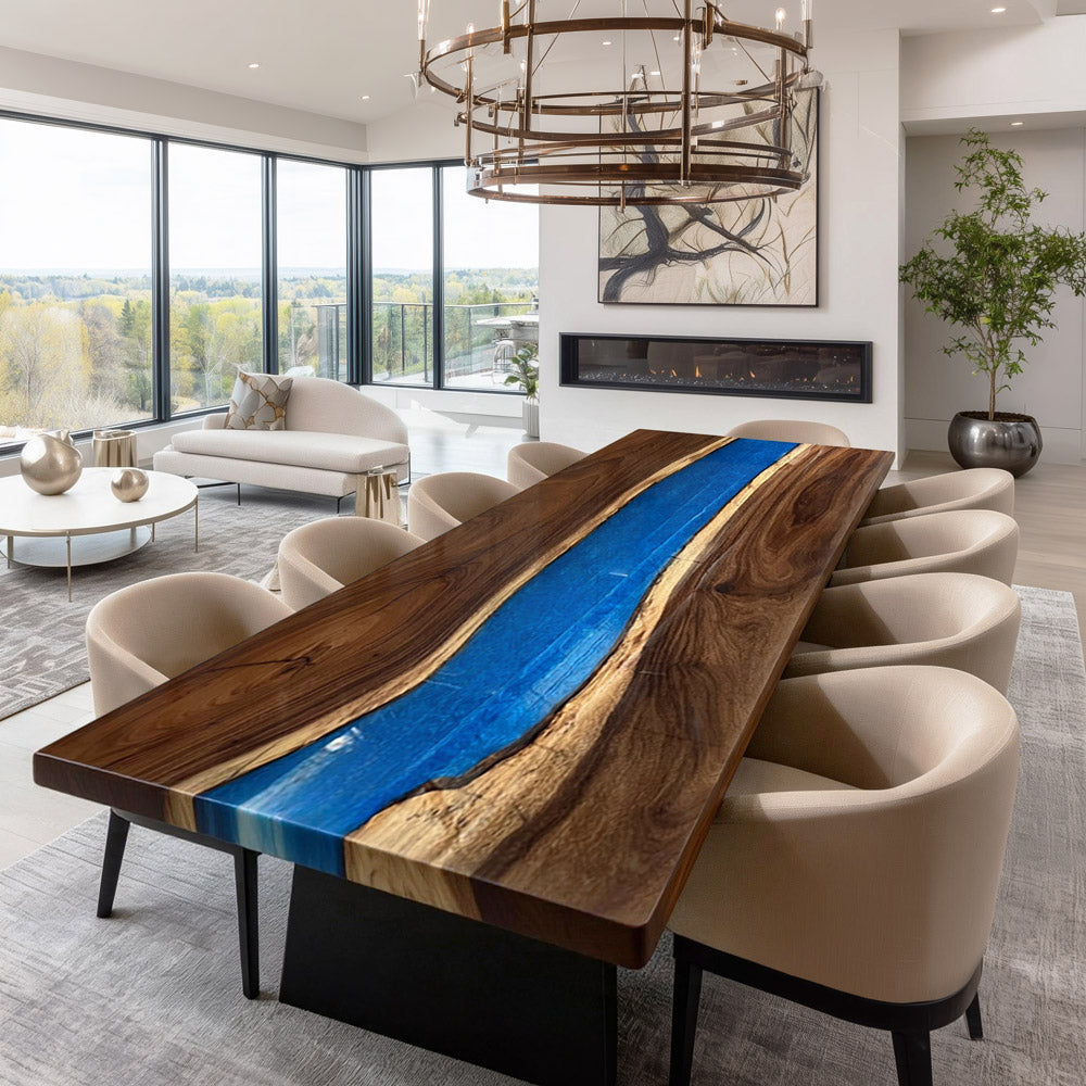 KAZANAHOME Walnut Blue River Epoxy Table 48"W×96"L