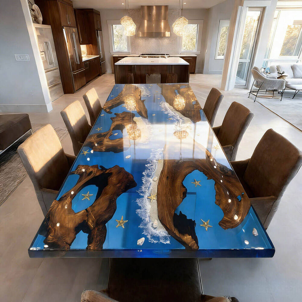 KAZANAHOME Golden Camphor Blue Clear Wave Coastal Epoxy Table 48"W×96"L