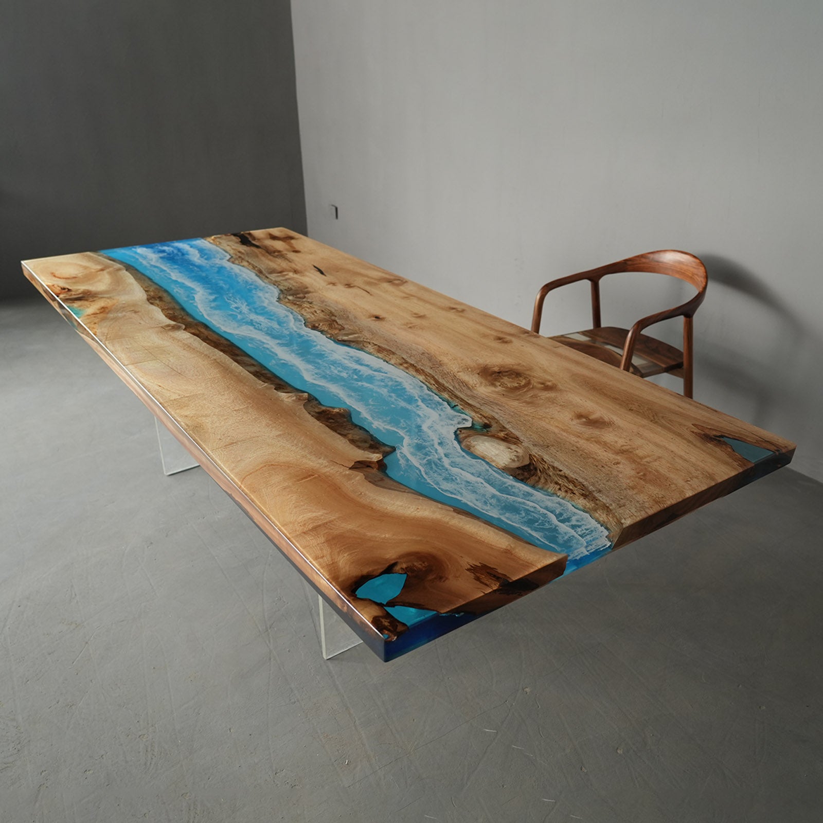 KAZANAHOME Golden Camphor Blue Wave River Epoxy Table 42"W×96"L