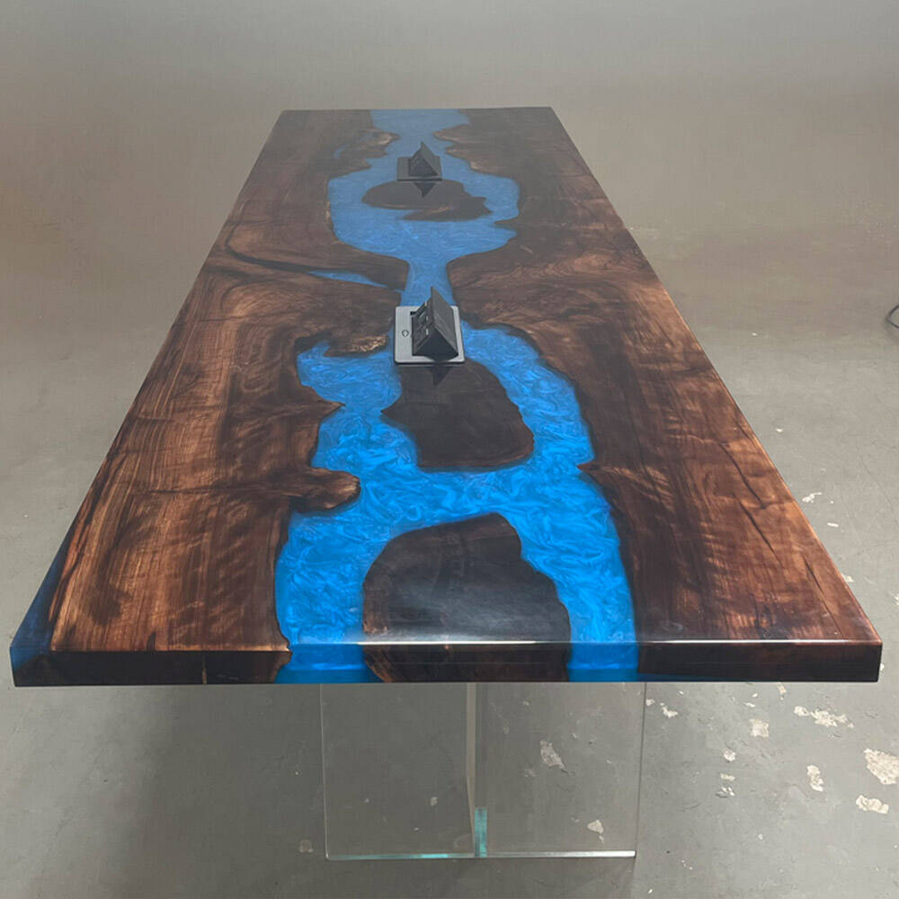 KAZANAHOME Black Walnut Blue River Conference Epoxy Table with Two Power Outlets 36"W×120"L