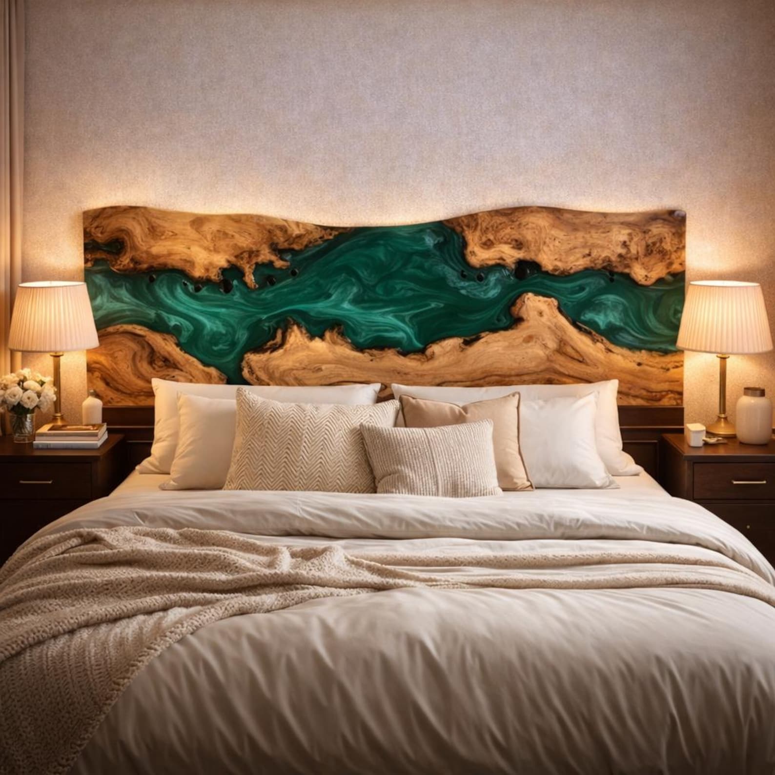 Artistic Olive Forest Green Resin River Headboard -for Luxury Hotels & Designer Lofts in New York