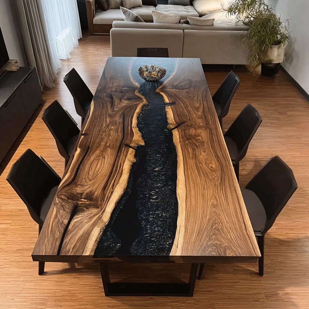 Custom Black Walnut River Resin Epoxy Table in Seattle