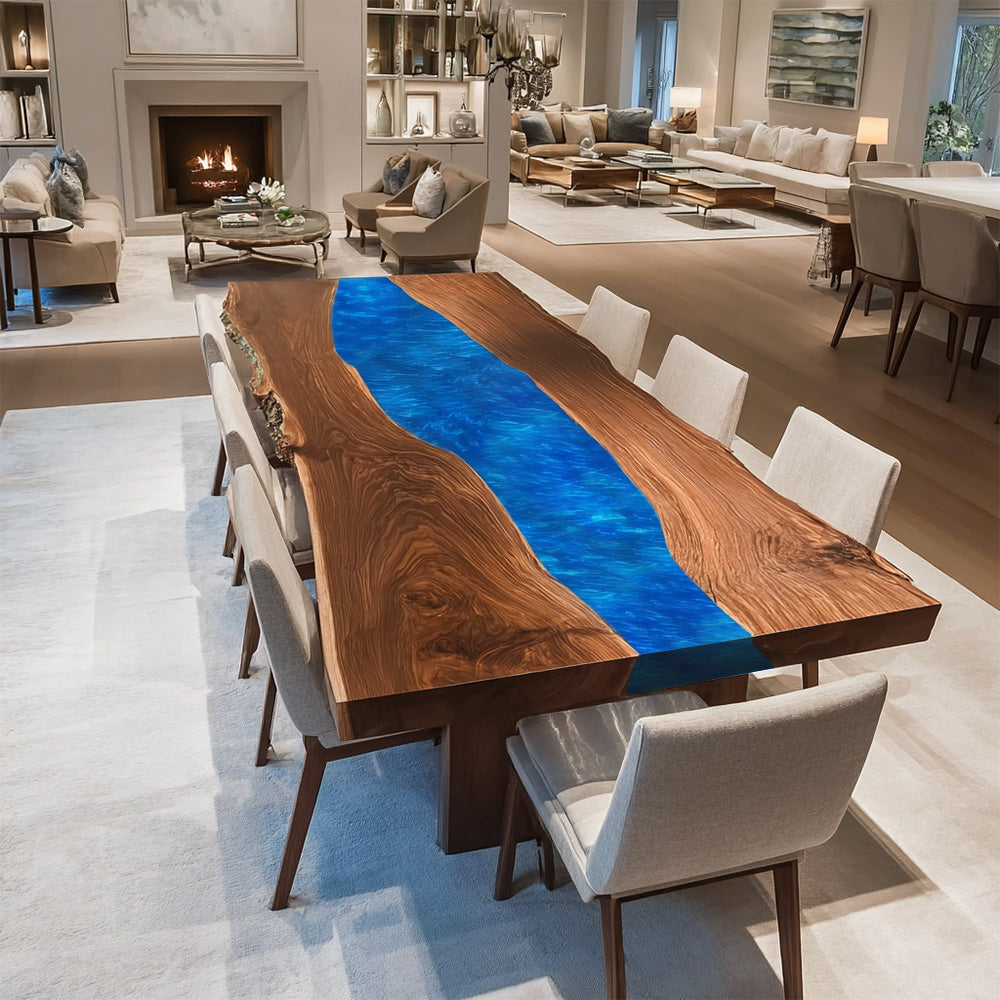 Custom Live Edge Black Walnut Blue Epoxy Table  in Los Angeles