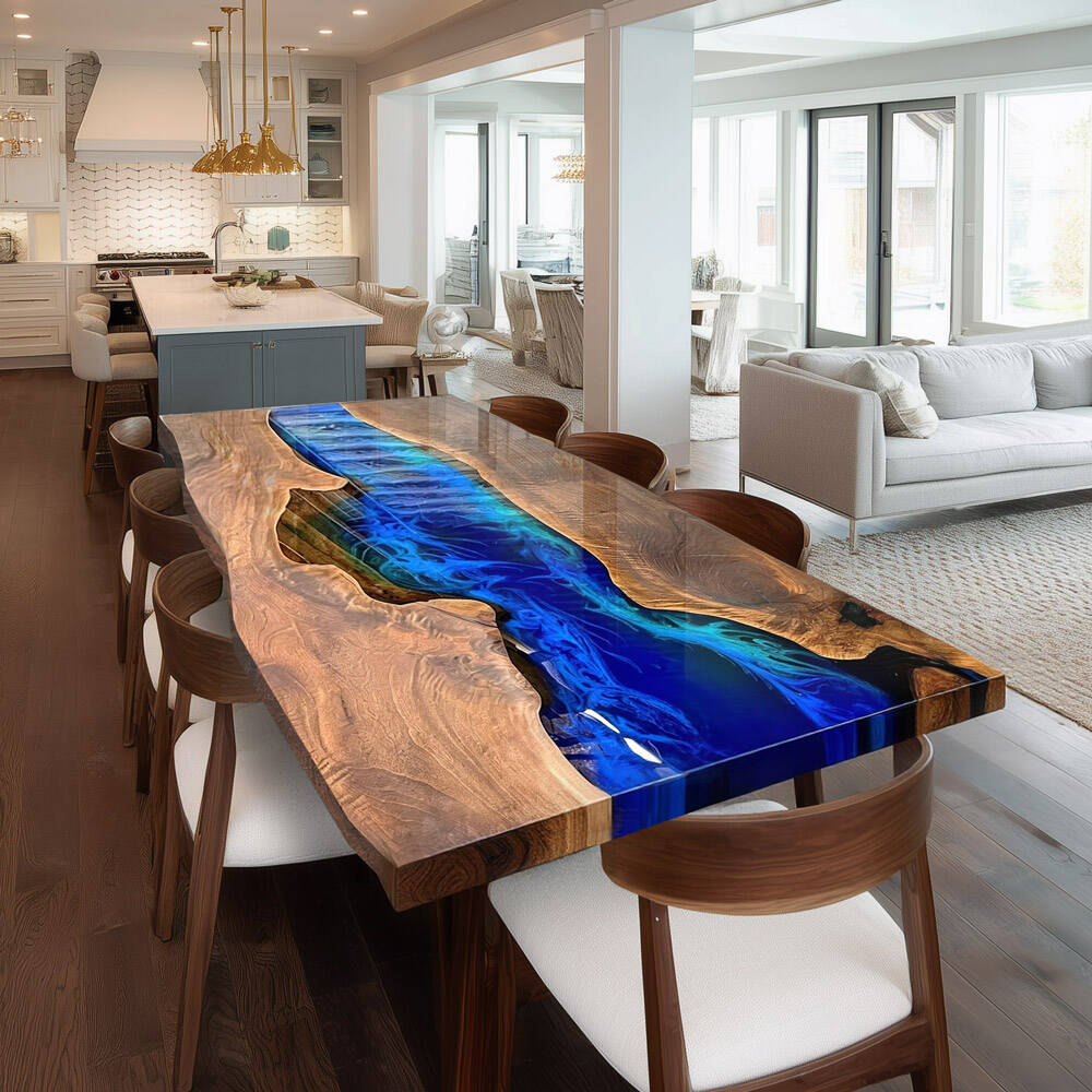 Coastal Luxury Black Walnut Epoxy Table with Ocean Wave Blue Resin in Malibu KCT113