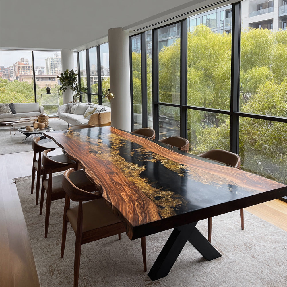 Custom Black Walnut Epoxy Table with Metallic Golden Shimmer Black Resin in Beverly Hills 