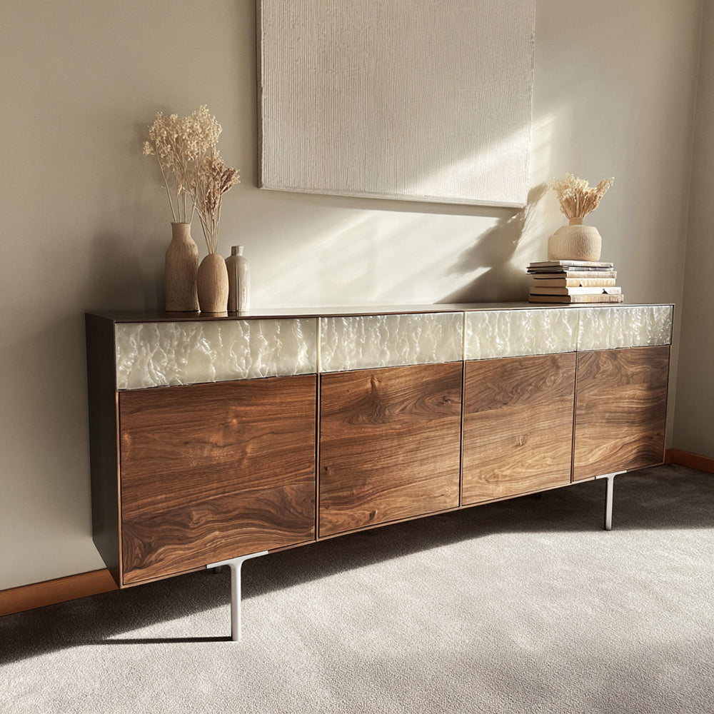 Black Walnut Epoxy Credenza Pearls 