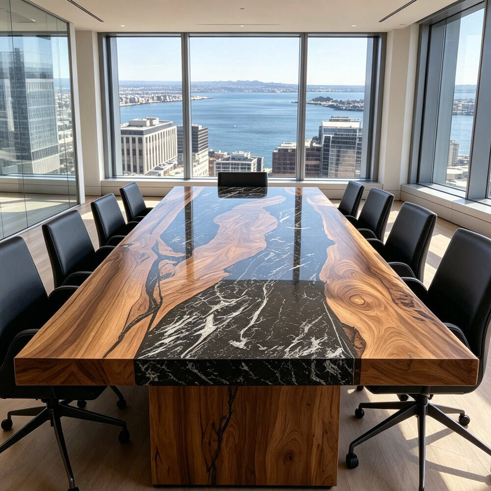 Black Walnut Conference Epoxy Table with Monochromatic Black & White Resi