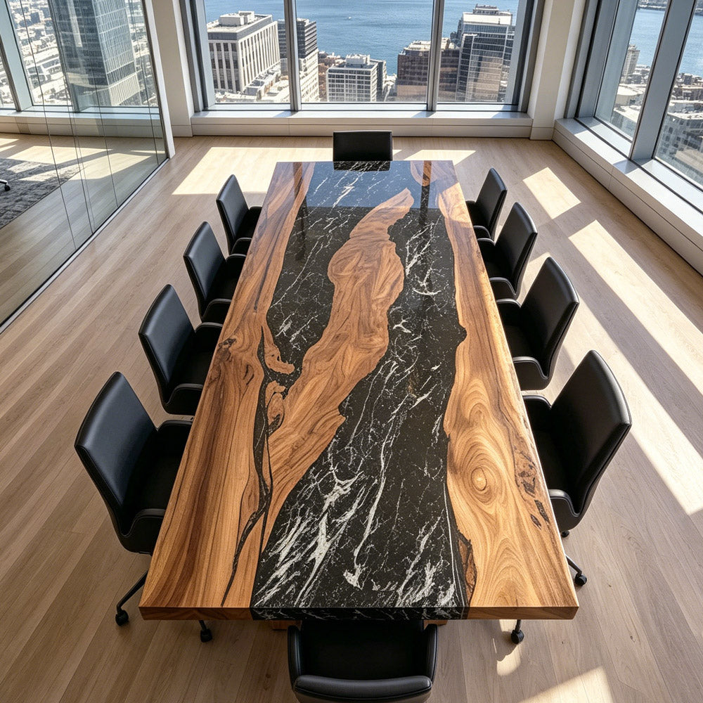 Black Walnut Executive Conference Epoxy Table with Monochromatic Black & White Resin River for Corporate Boardrooms in Houston