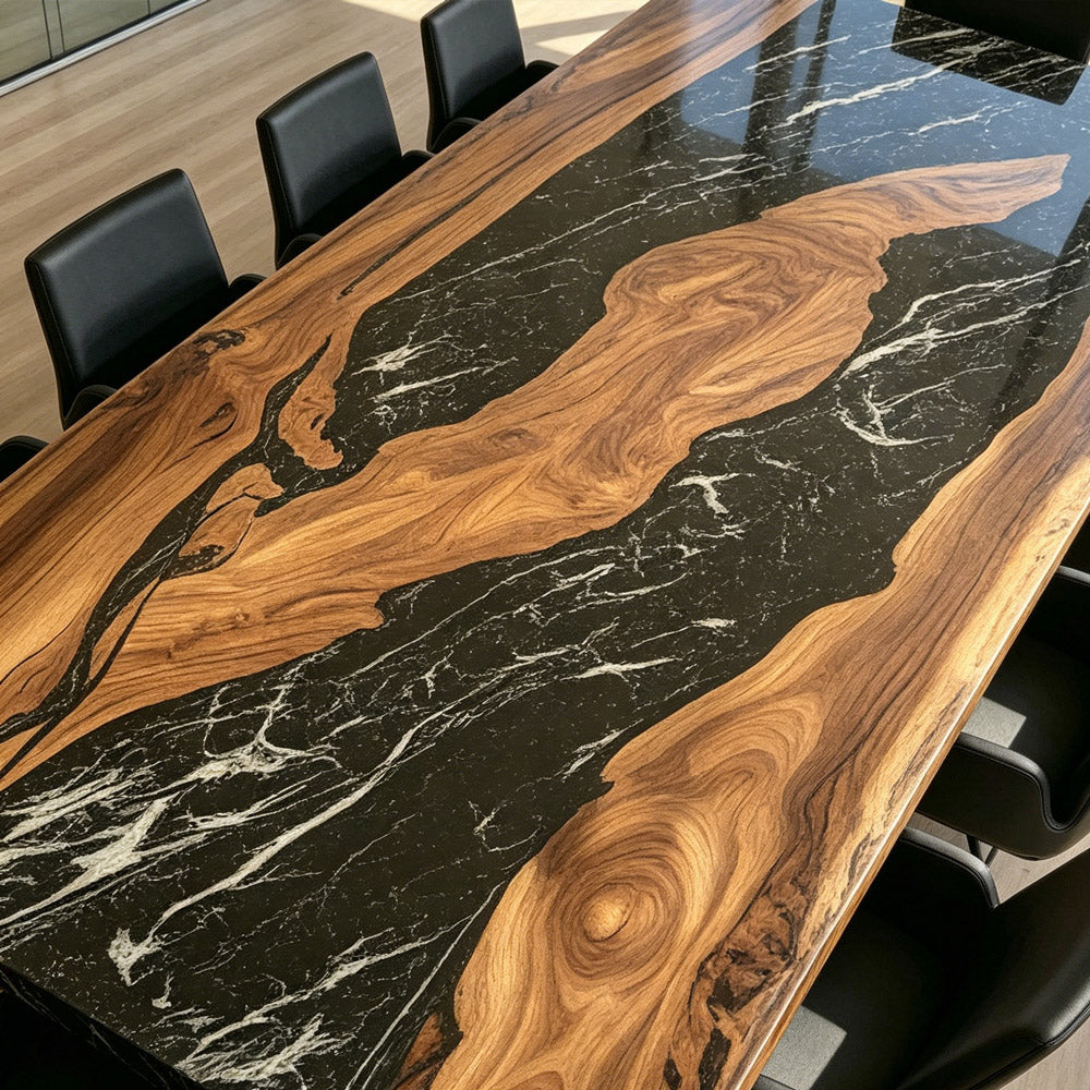 Black Walnut Epoxy Table with Monochromatic Black & White Resin River for Corporate Boardrooms CT132 in Houston