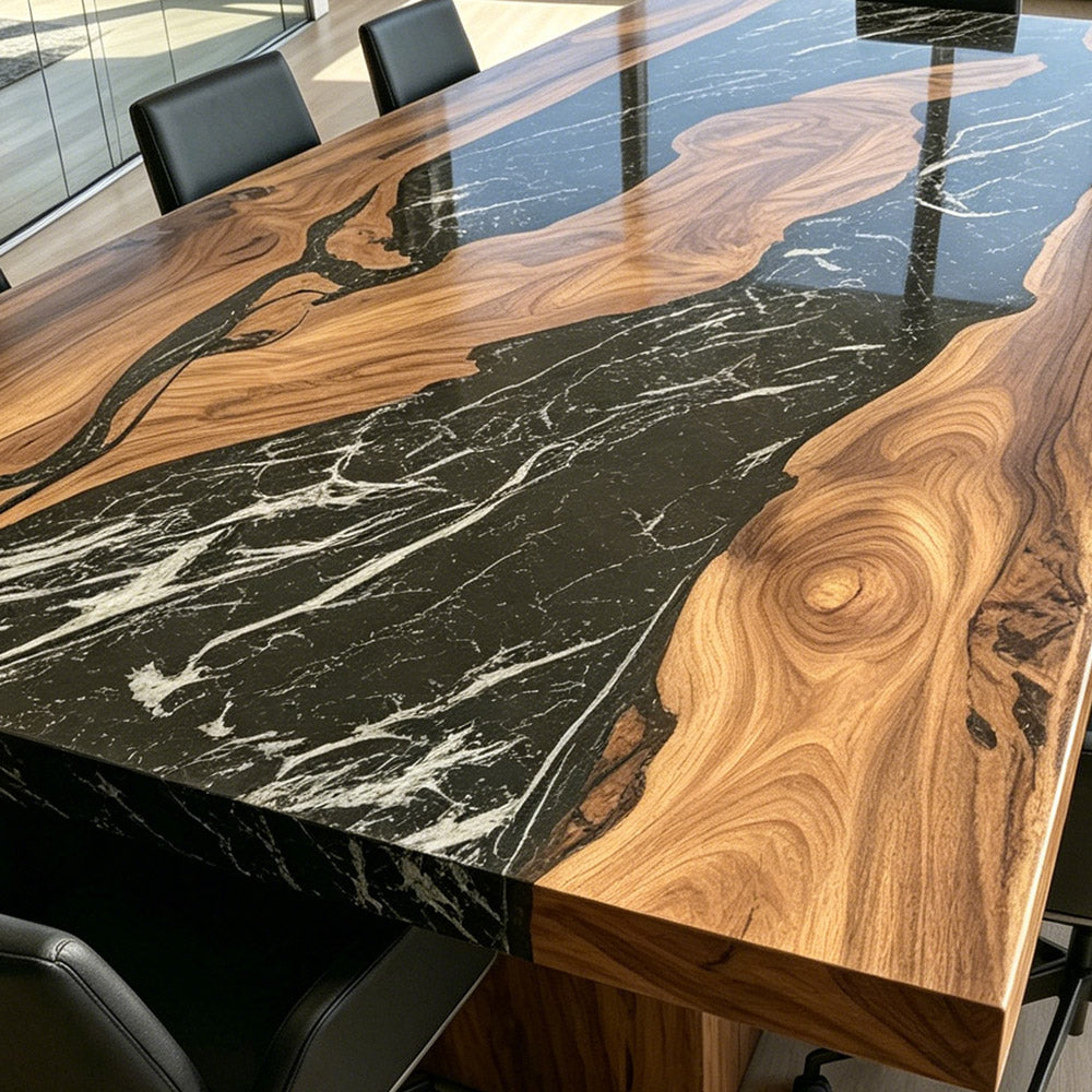 Black Walnut Conference Epoxy Table with Monochromatic Black & White Resin in Houston