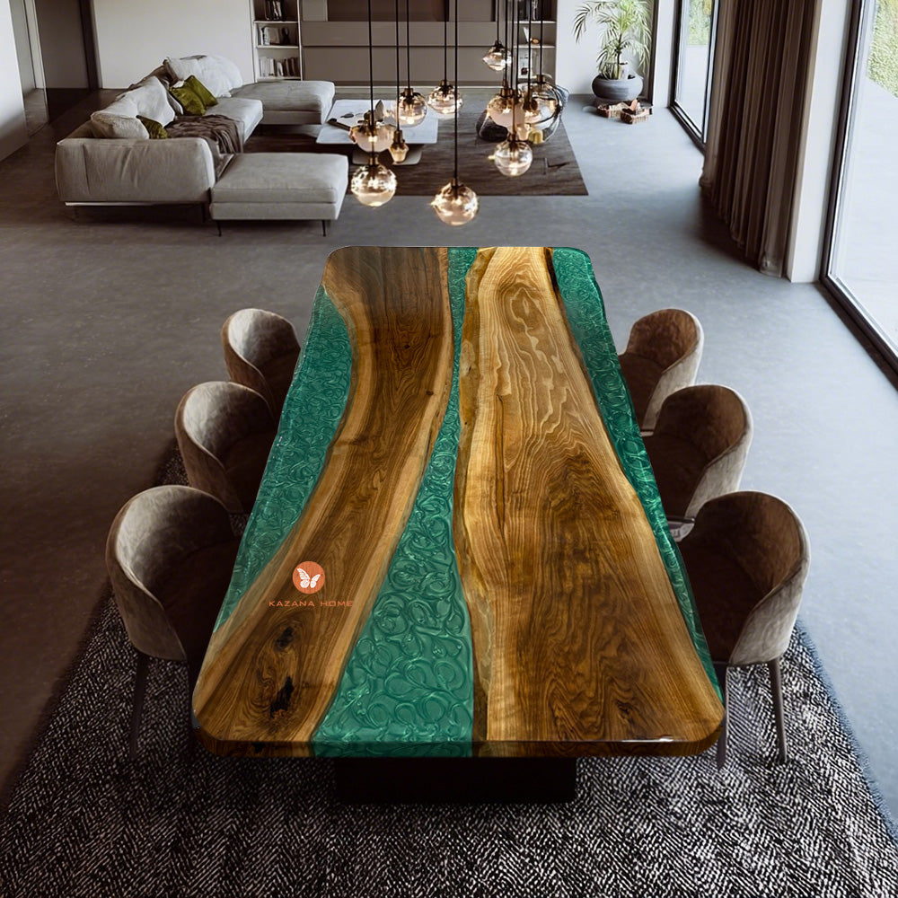 KAZANAHOME Black Walnut Green River Resin Epoxy Table in Chicago