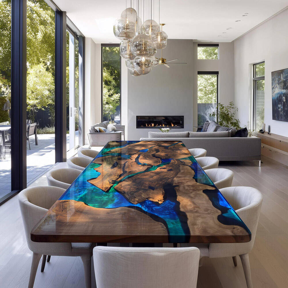 Custom Black Walnut Epoxy Table - Breathtaking Aurora Flow for Large Dining Spaces in Hamptons 