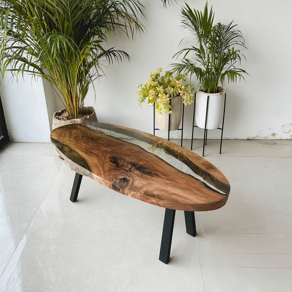 Custom Black Walnut Clear River Resin Oval Epoxy Table in Miami