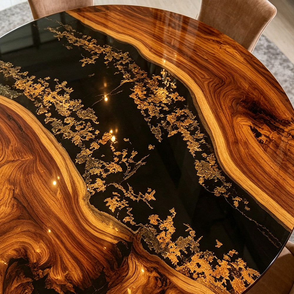 Glam Modern Black Walnut Epoxy Table Featuring Metallic Gold Flake Embellished Black Resin RT33 in San Diego 