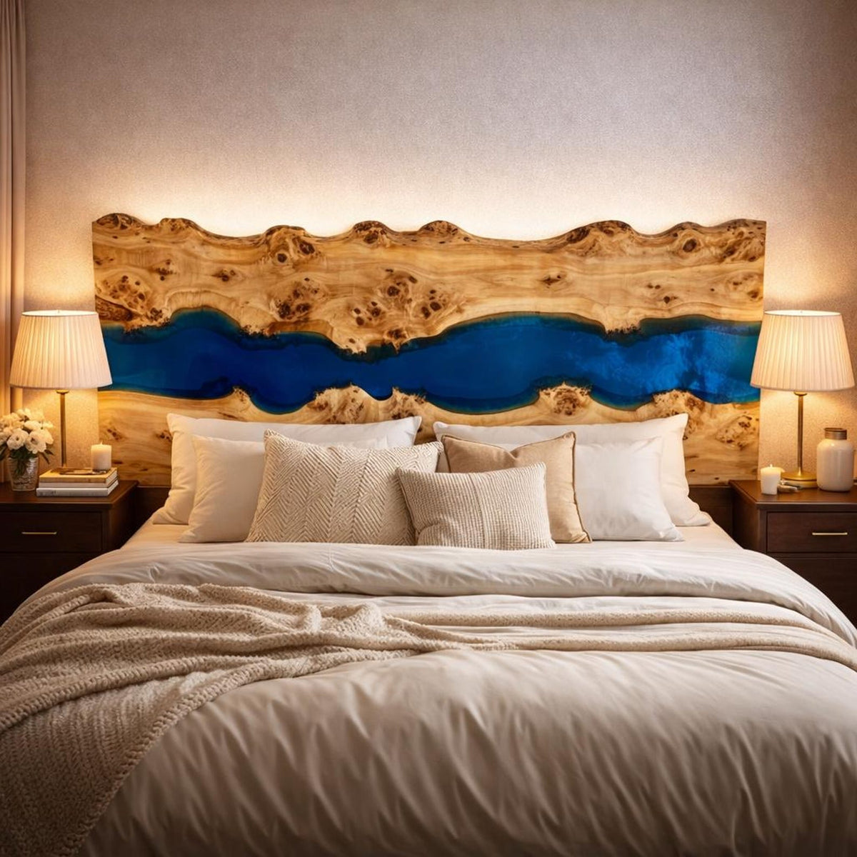 Bold Poplar Wood Live Edge Blue Epoxy Headboard for Modern Urban Lofts in New York 