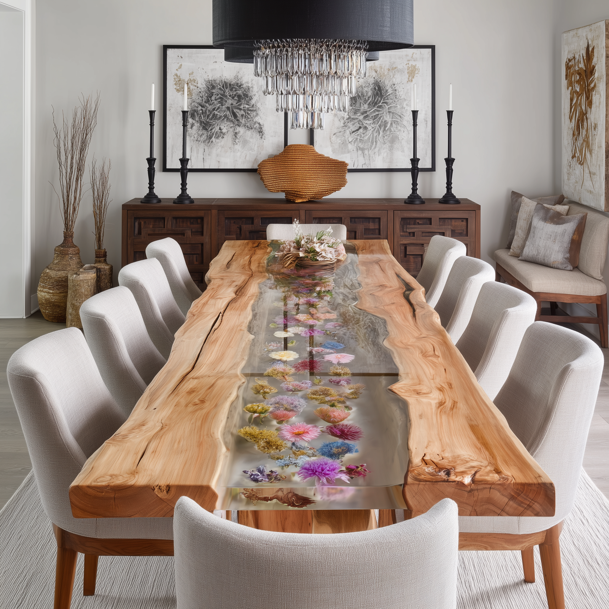 Olive Wood Epoxy Table - Transparent Clarity Resin with Floral Accentss for Fine Dining Rooms 
