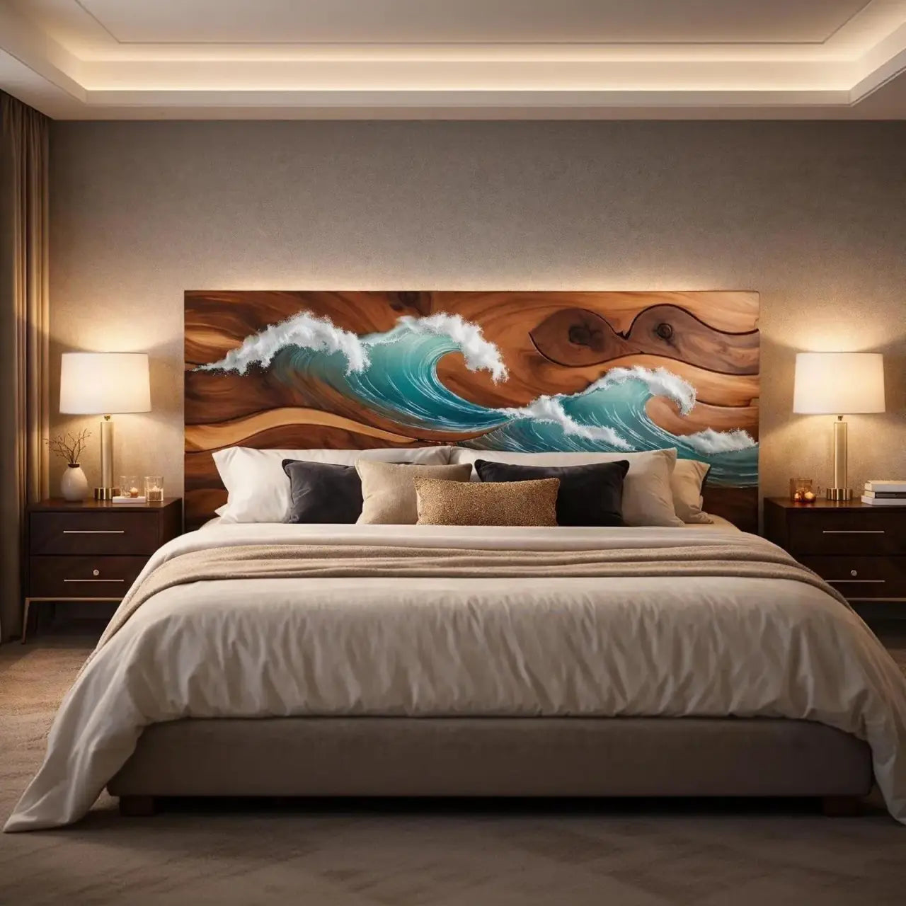 Captivating Solid Wood Ocean Seawave Epoxy Headboard – Bedroom Art for Coastal California Estates 