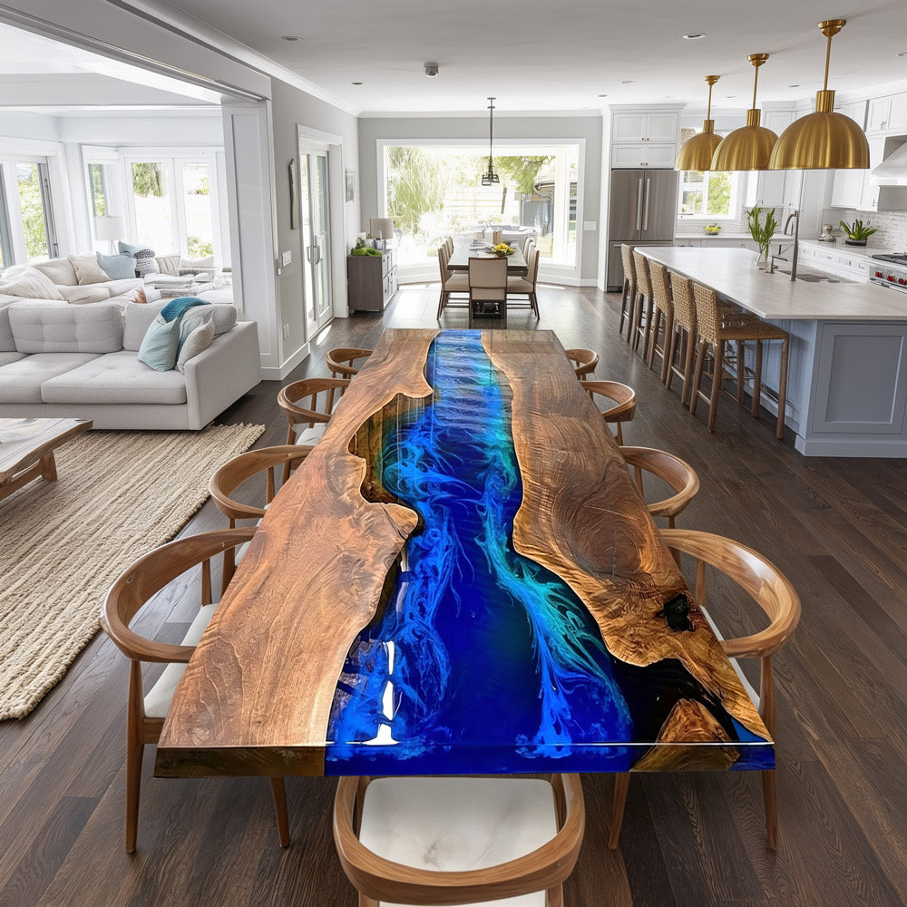 Coastal Luxury Black Walnut Dining Epoxy Table with Handcrafted 3D Ocean Wave Blue Resin in Malibu 
