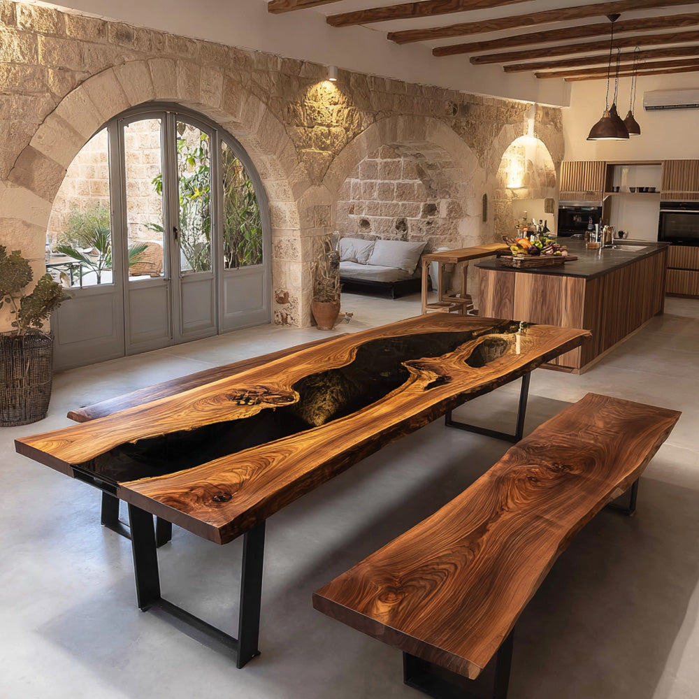Black Walnut Resin Table Set - Integrated Live Edge Seating in Chicago 