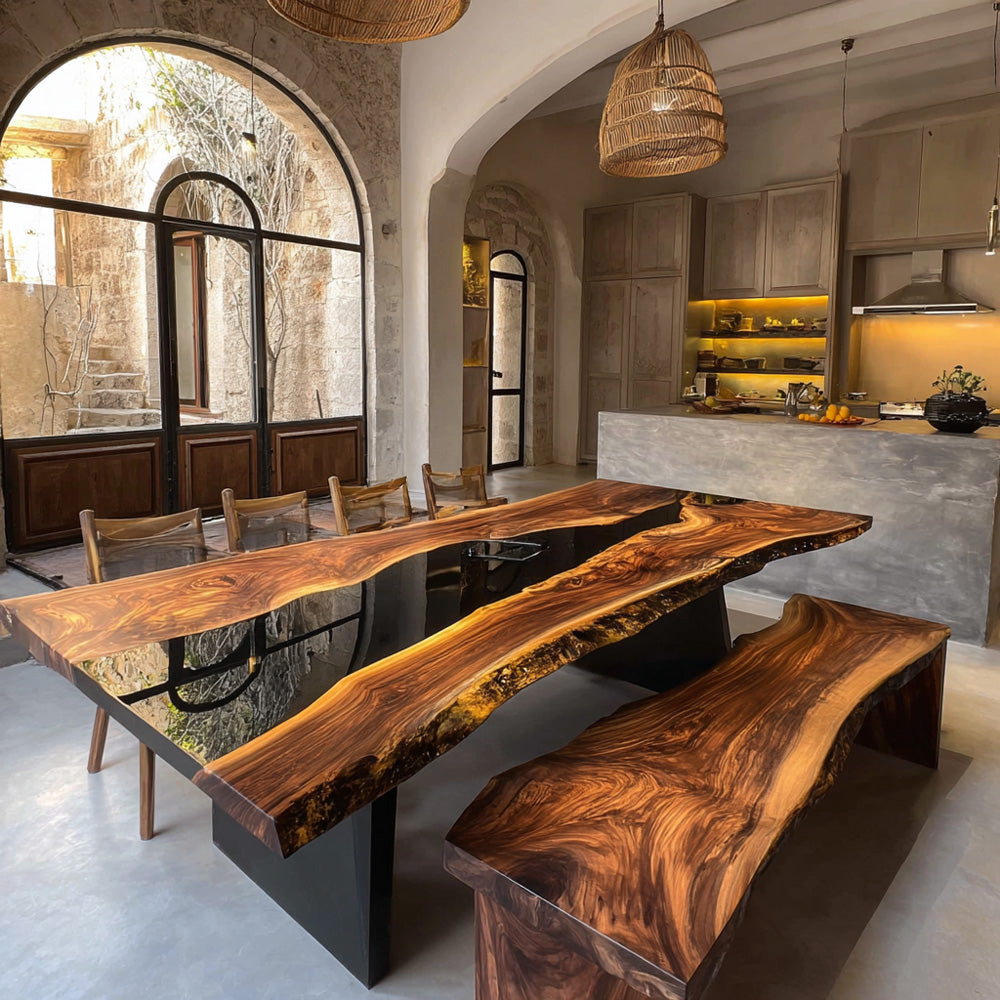 Cohesive Black Walnu Resin Table Set - Integrated Live Edge Seating for Luxury Rooms & Communal Dining in Chicago  