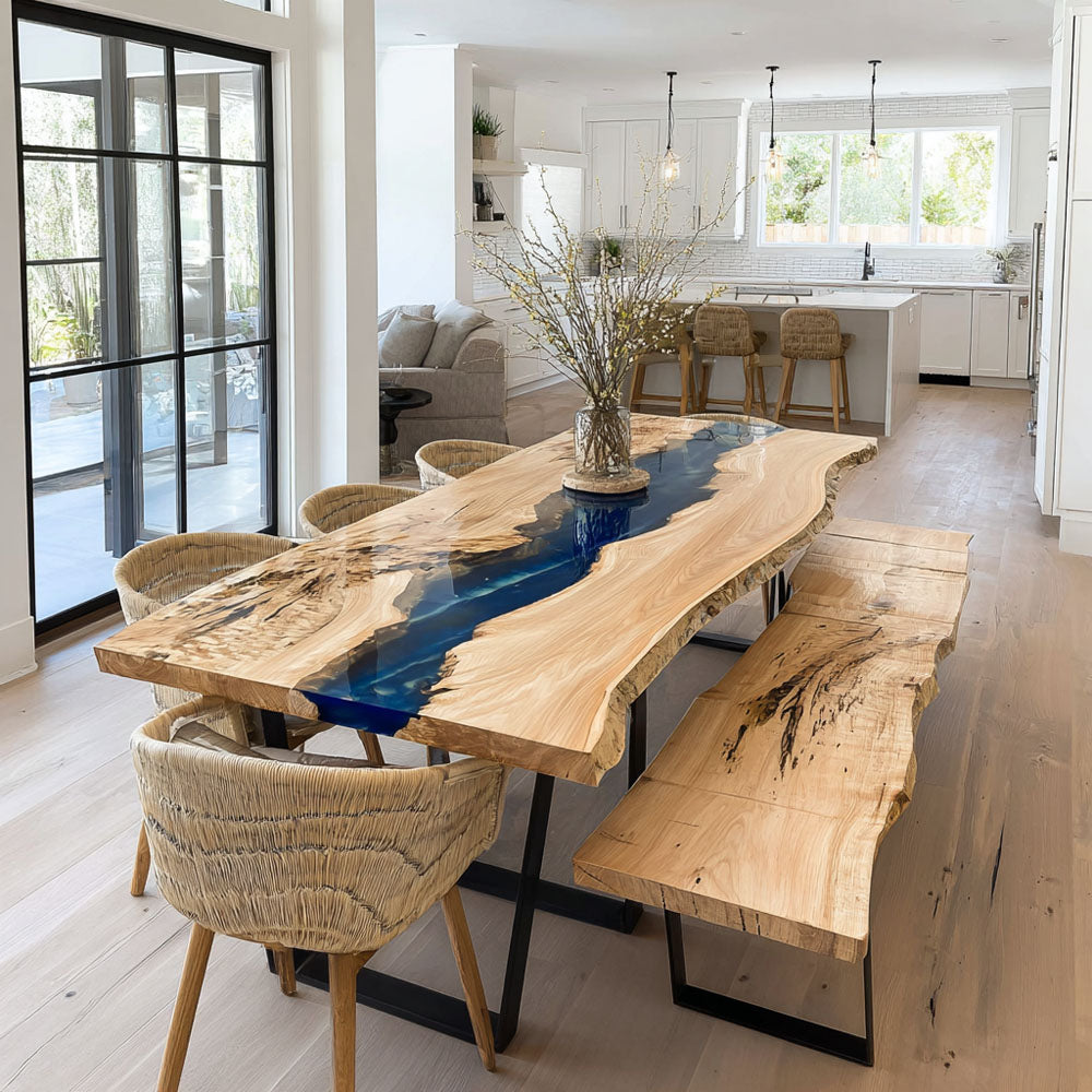 Poplar Blue River Epoxy Table Set - Matching Chairs & Live Edge Resin Dining Suite in San Francisco