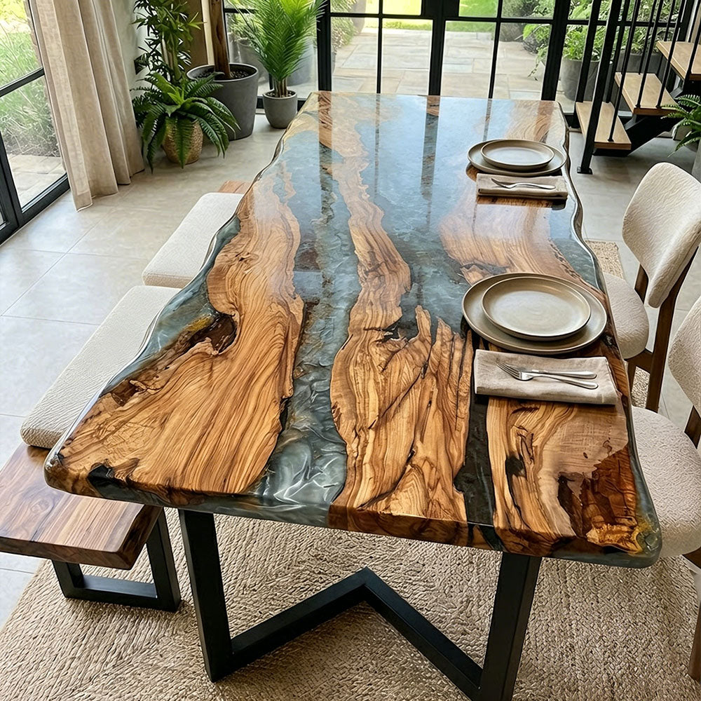 Olive Wood & Smoked Silver Gray Dining Epoxy Table for Metropolitan Apartments in Nashville