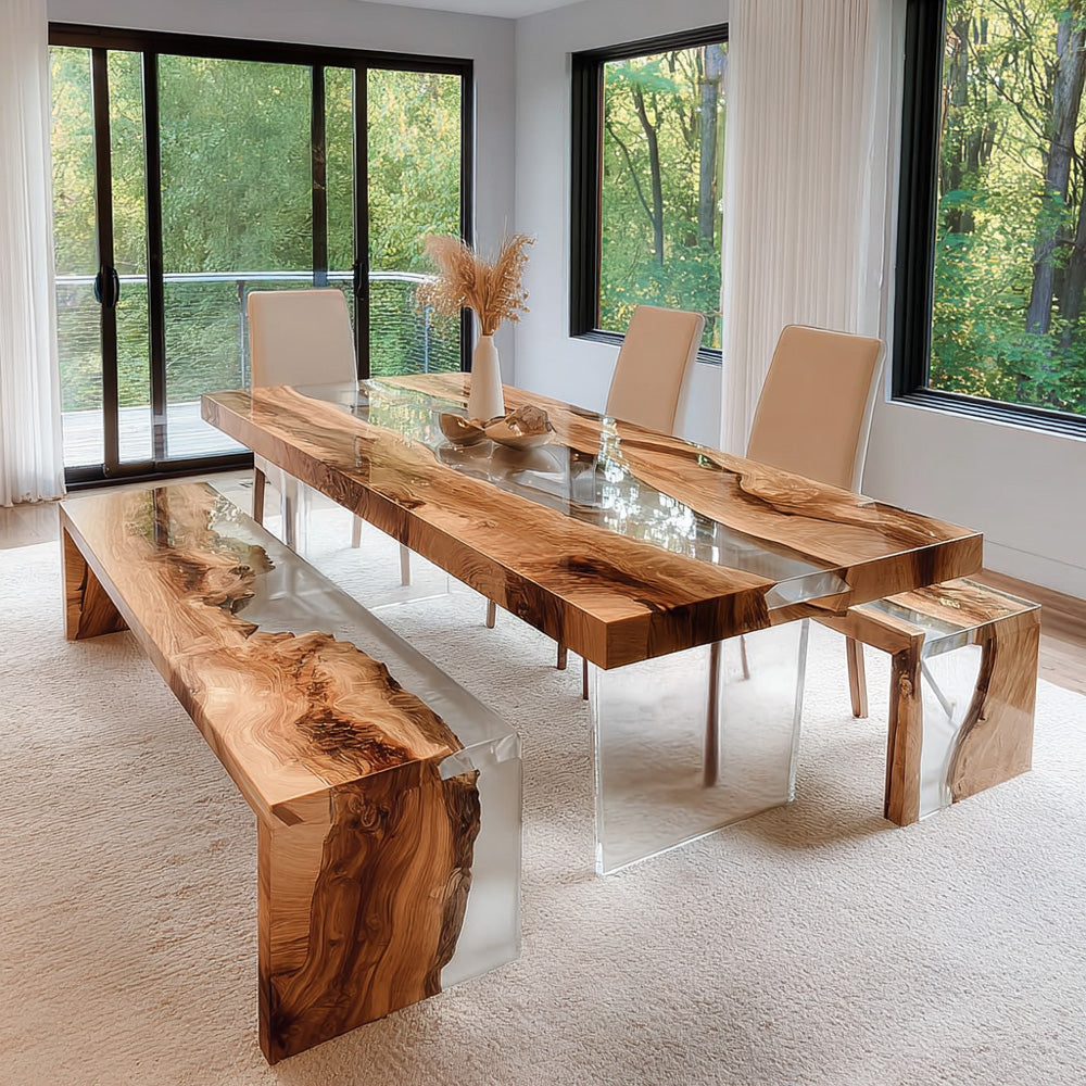Contemporary Walnut & Clear Epoxy Table Set in Manhattan