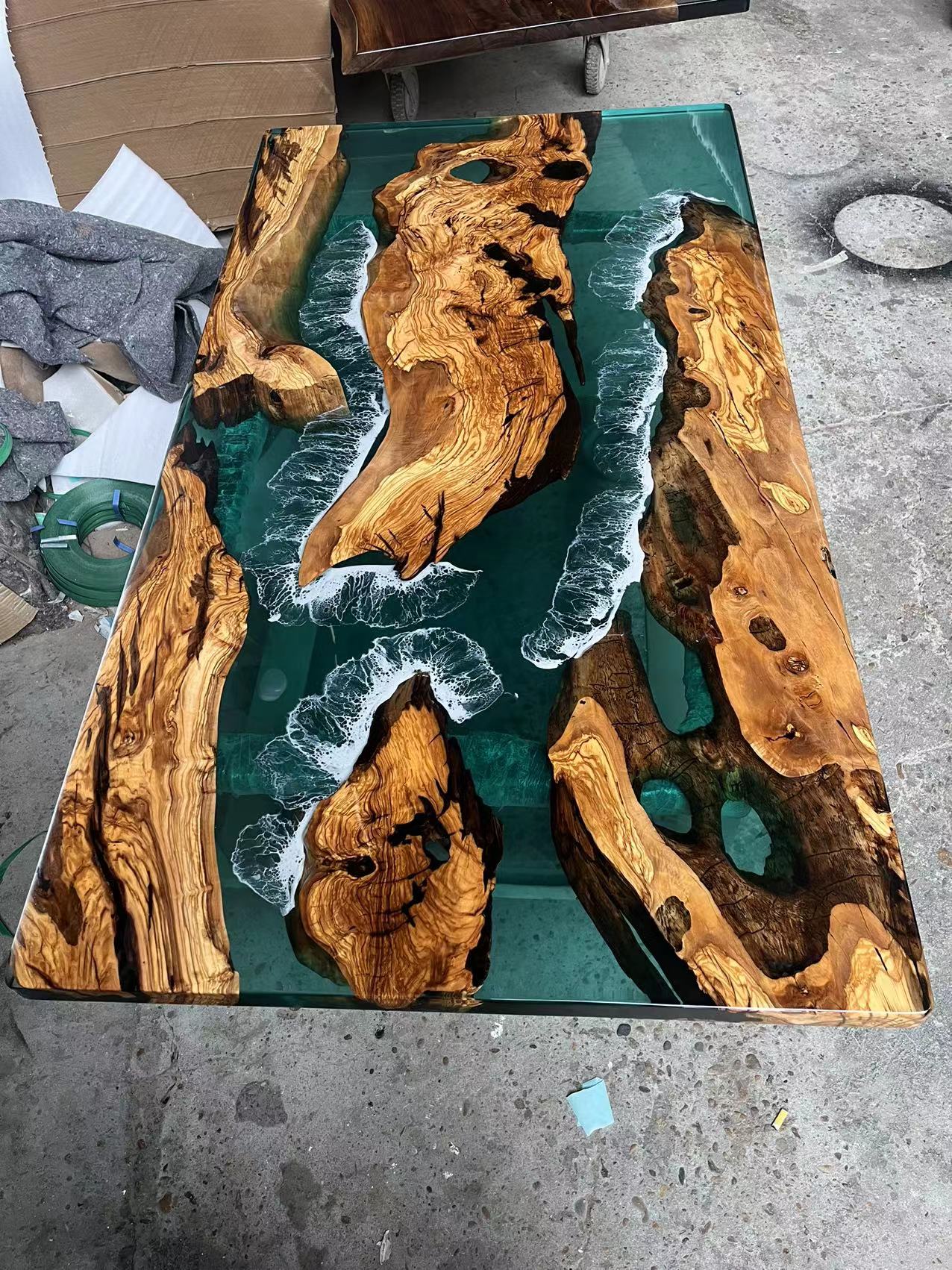 Custom walnut green epoxy resin table deposit $1500 from Safer