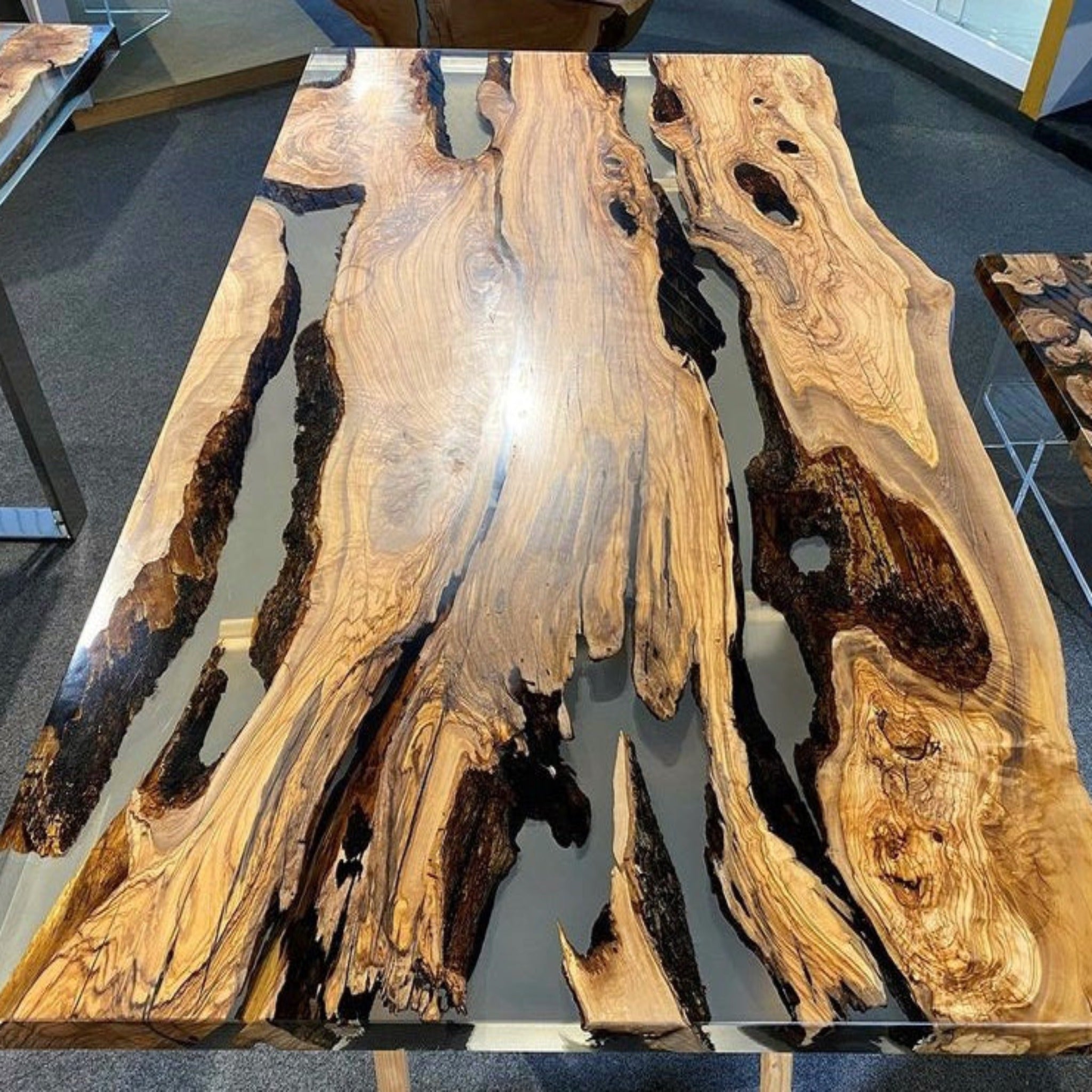 Space Olive Wood Slab Epoxy Table - On Wooden