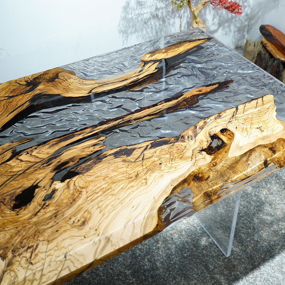 Custom Olive Ice Cracks Live Edge Epoxy Dining Table CT41