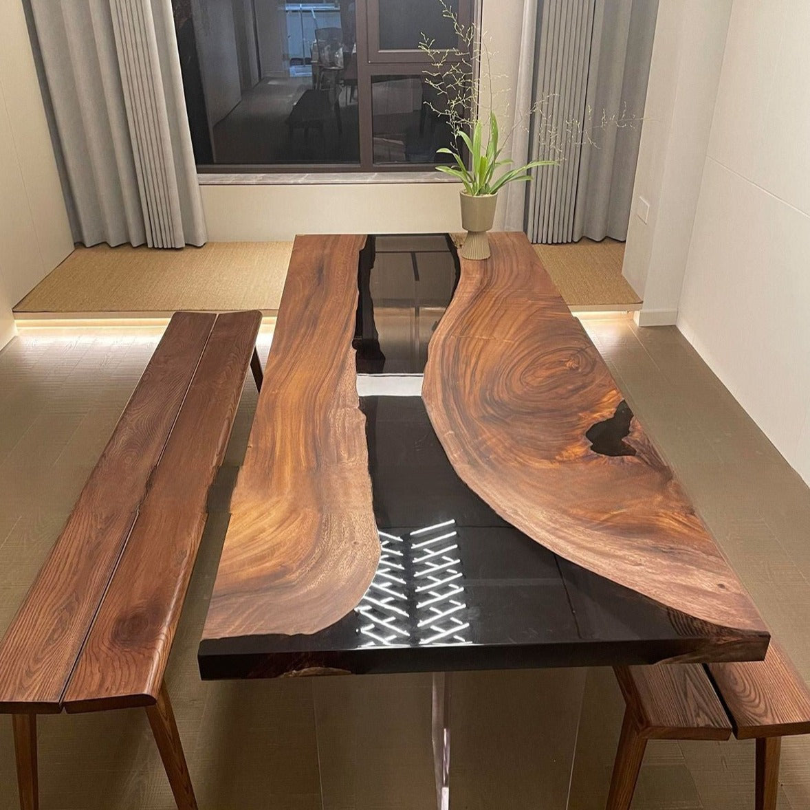 Custom Walnut Wood Black Resin River Epoxy Table