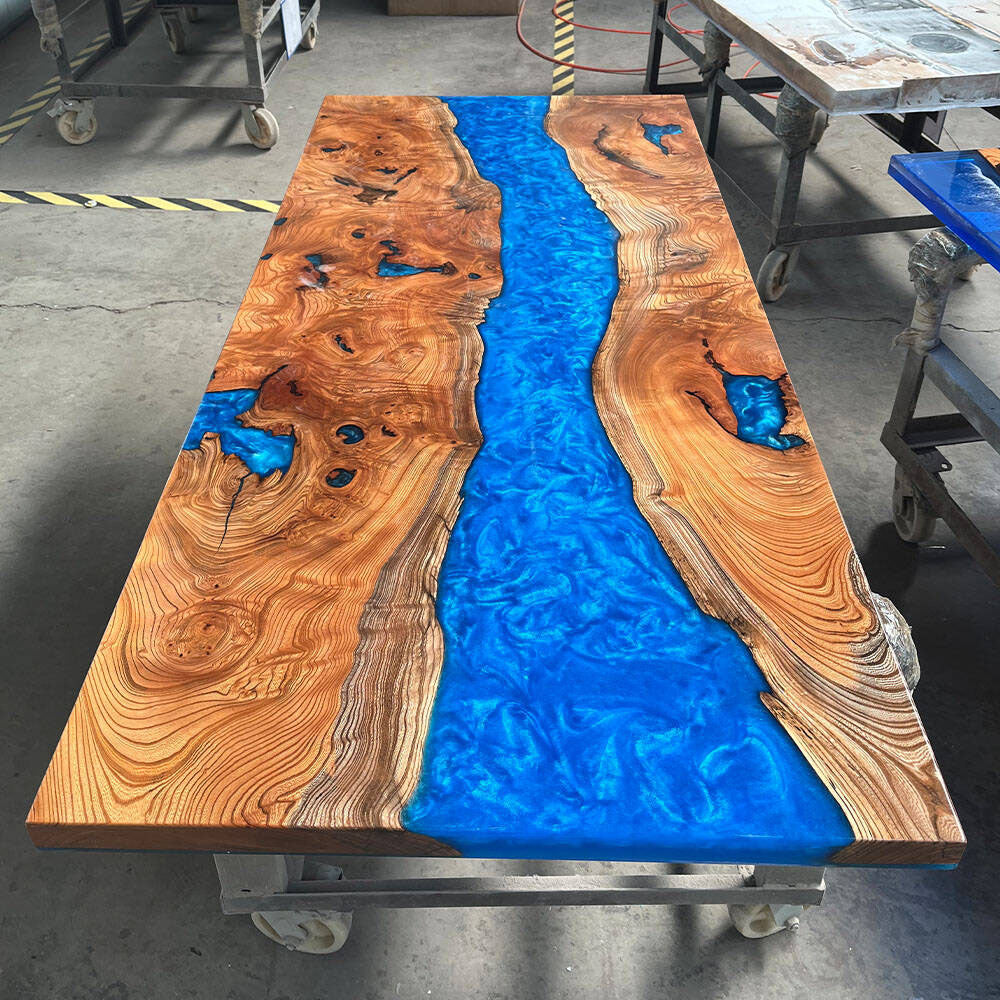 Custom Beech Blue River Epoxy Table in los angeles
