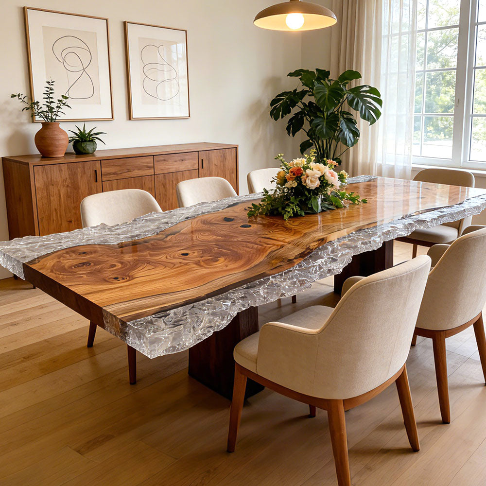 Custom Beech Ice Crack Resin Live Edge Epoxy Table