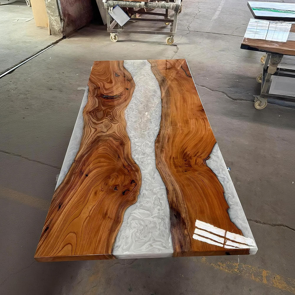Custom Beech Wood Pearlwhite River Resin Epoxy Table in Portland