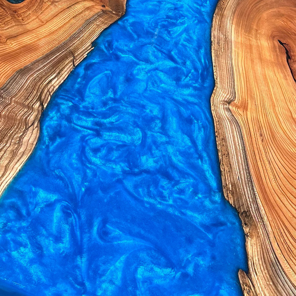 Custom Beech Blue River Epoxy Table in los angeles