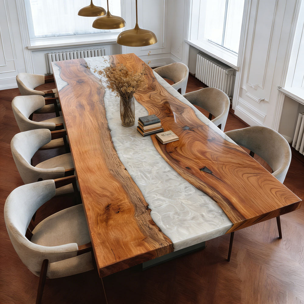 Custom Beech Wood Pearlwhite River Resin Epoxy Table in Portland