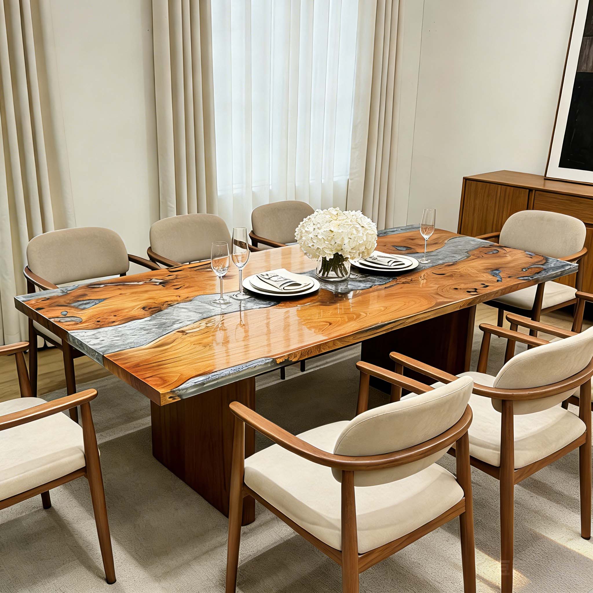 Custom Beech Wood Silver River Epoxy Table in Chicago