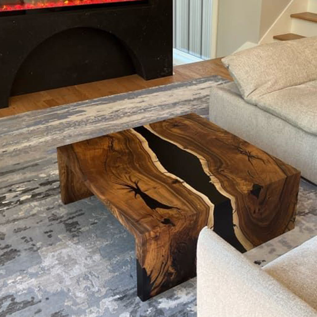 Custom Black Walnut Black Resin River Waterfall Epoxy Table